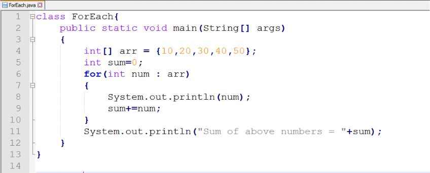 This image describes the sample program of for each loops in java.